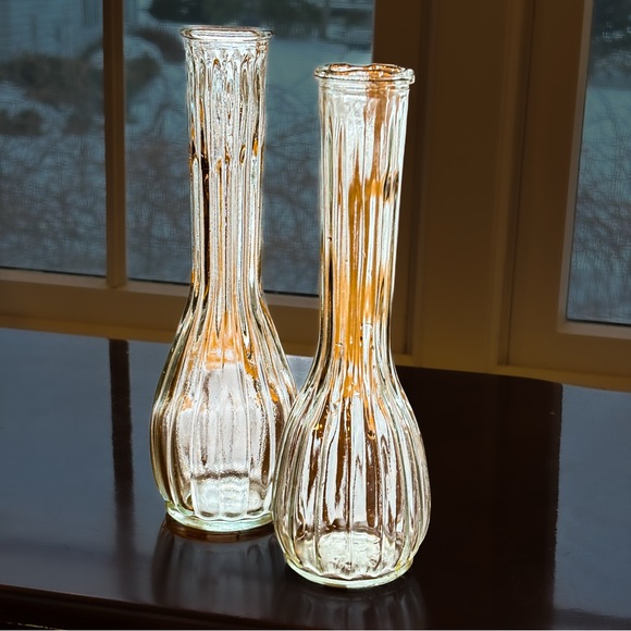 Vintage European Pressed Glass Bud Vase Set Art Deco Ribbed Clear Glass - Picture 4 of 12